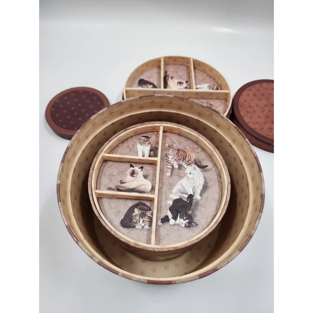 Nesting Cat Storage Boxes Set of 3 Round Decorative Organizers with Trays Brown